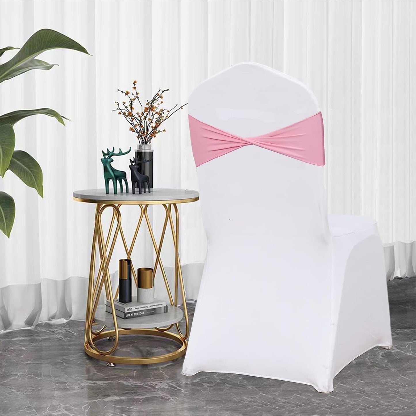Spandex Pink Chair Sashes 50 Pcs Pink Sashes Bows Elastic Chair Cover Bands Ties Without Buckle for Wedding Party Events Ceremony Birthday