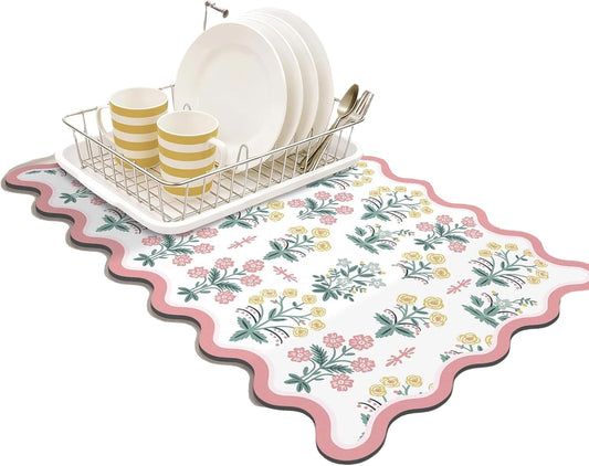 Scalloped Floral Dish Drying Mat, 12"X20" Super Absorbent Coffee Mat with Unique Pink Pastoral Floral, Cuttable Hide Stain Non-Slip Drying Mat for Kitchen Counter Coffee Maker Espresso Machine