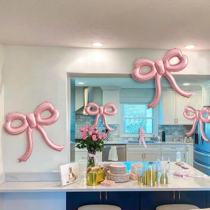 4 Pcs Pink Bow Balloons Bow Birthday Decorations for Girl Women Baby Shower Bridal Shower Bachelorette Party Mothers Day Decorations
