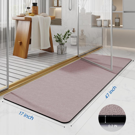 Blush Pink Bathroom Mat Rugs 47x17 Long Diatomaceous Earth Bath Mat Large Quick Dry Bath Mat Non Slip Rubber Backed Super Absorbent Shower Mat, Thin Bathroom Runner Rugs Floor Mat Fit Under Door