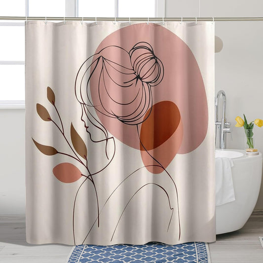 Abstract Face Line Art Shower Curtain, Peach and Brown Modern Minimalistic Waterproof Fabric Shower Curtain for Bathroom Decor, Spring Summer Home Decoration Set with Hooks 62x72 Inch
