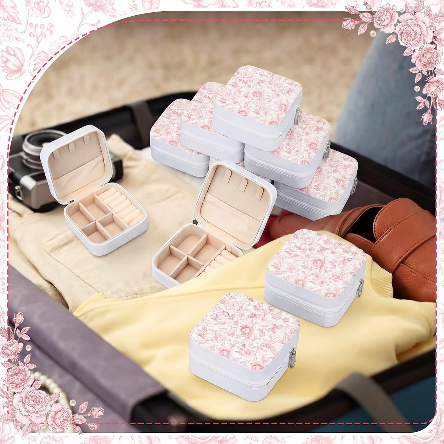 Novabright 8 Pcs Pink and White Floral Travel Jewelry Case Bulk Small Bridesmaid Jewelry Organizers and Storage Box Gifts Little Accessories Holder Tiny Wedding Bridal Party Favors for Women