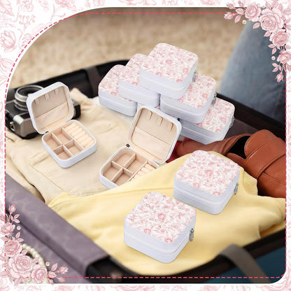 Novabright 8 Pcs Pink and White Floral Travel Jewelry Case Bulk Small Bridesmaid Jewelry Organizers and Storage Box Gifts Little Accessories Holder Tiny Wedding Bridal Party Favors for Women