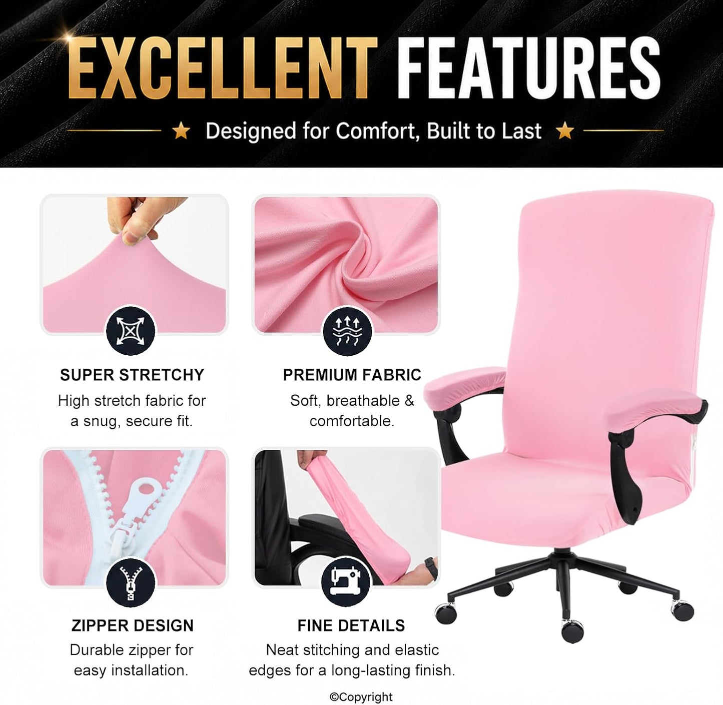 Stretch Computer Office Chair Cover with Armrest Covers Durable Zipper Universal Washable Removable Spandex Rotating Boss Chair Slipcovers Anti-dust Soft Desk Chair Seat Protector, Pink