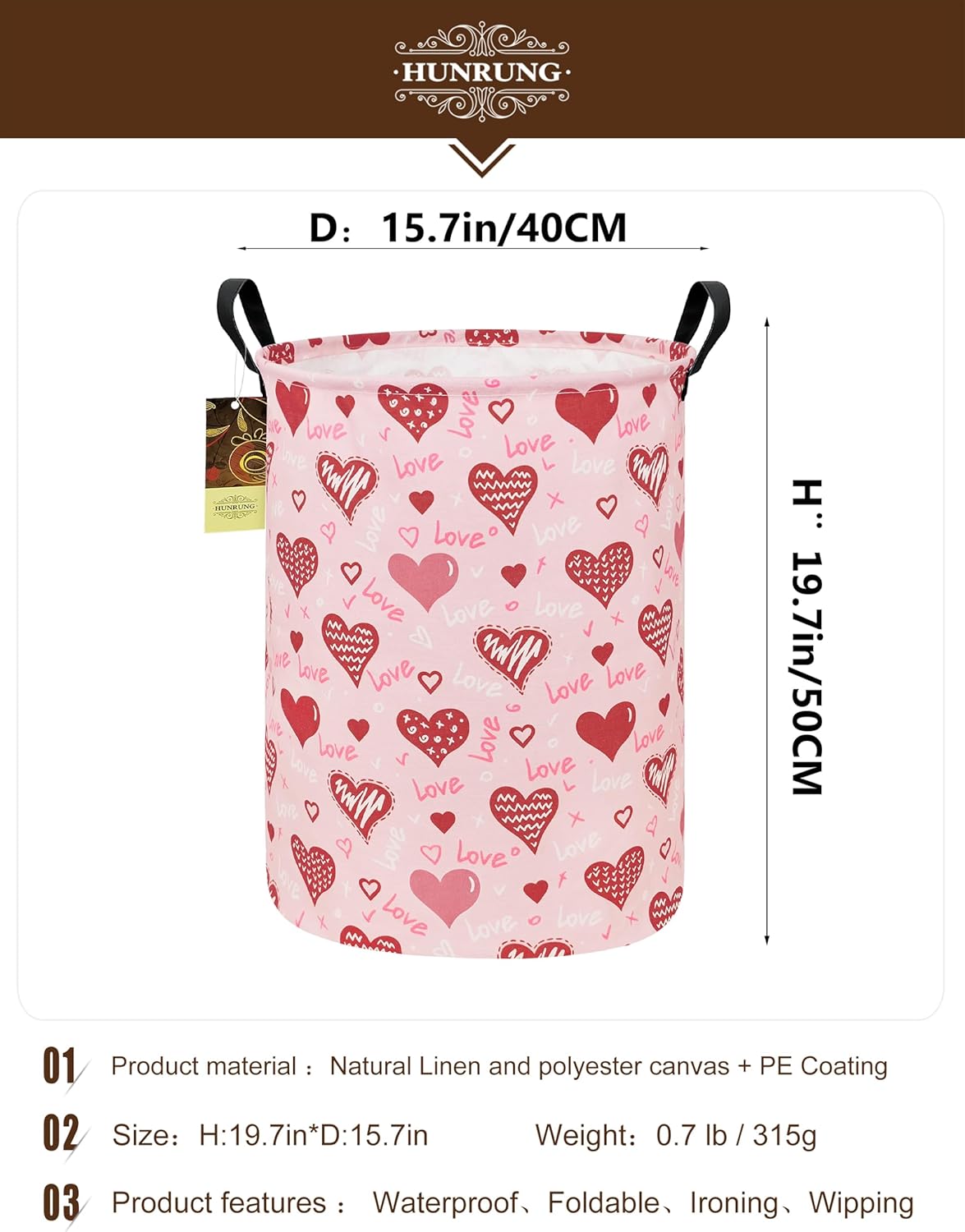 Heart Collapsible Fabric Storage Basket, Waterproof Laundry Hamper with Handles, Round Storage Bin for Clothes Toys, Foldable Organizer for Bedroom Nursery Bathroom(Round-Pink Love Heart)