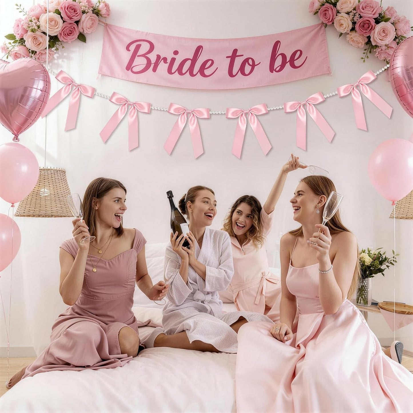 2 Strings Pink Bow Garland Banner, Pre-Strung Satin Ribbon with 6.5ft Pearl Chain for Coquette Birthday, Bridal Shower, Bachelorette Party, Baby Shower, Engagement, Graduation & Anniversary Decor