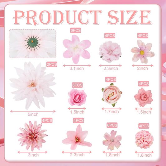 LACGO 48 PCS Fake Flowers Heads - Artificial Flower Heads Bulk Silk Faux Rose DIY Flower Embellishments Blossom Wreath Bouquets for Crafts Wedding Bridal Party Baby Shower Home Decoration(Pink)