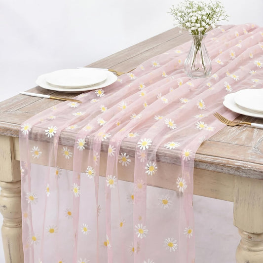 Breling 3 Pack 10ft Daisy Tulle Table Runner 120 Inch Seasonal Flower Sheer Gauze Daisy Table Runner Kitchen Dining Holiday Wedding Birthday Baby Shower Home Party Decor(Pink)