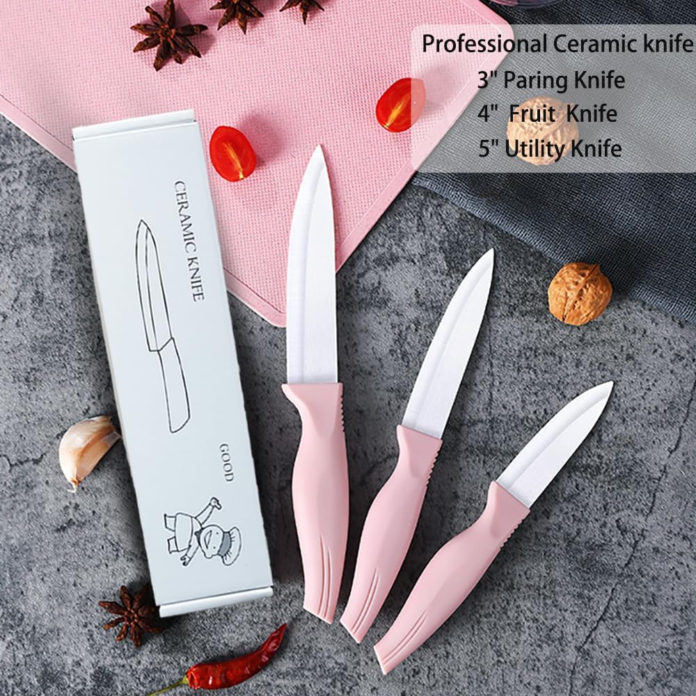 Zhiyun 3-Pieces Pink Ceramic Knives Set, 5-Inch for Vegetable and meet 4-Inch for Fruit 3-Inch for Peeling,Suitable for Beef Chicken Vegetable Fruit Butter and Bread (Pink)