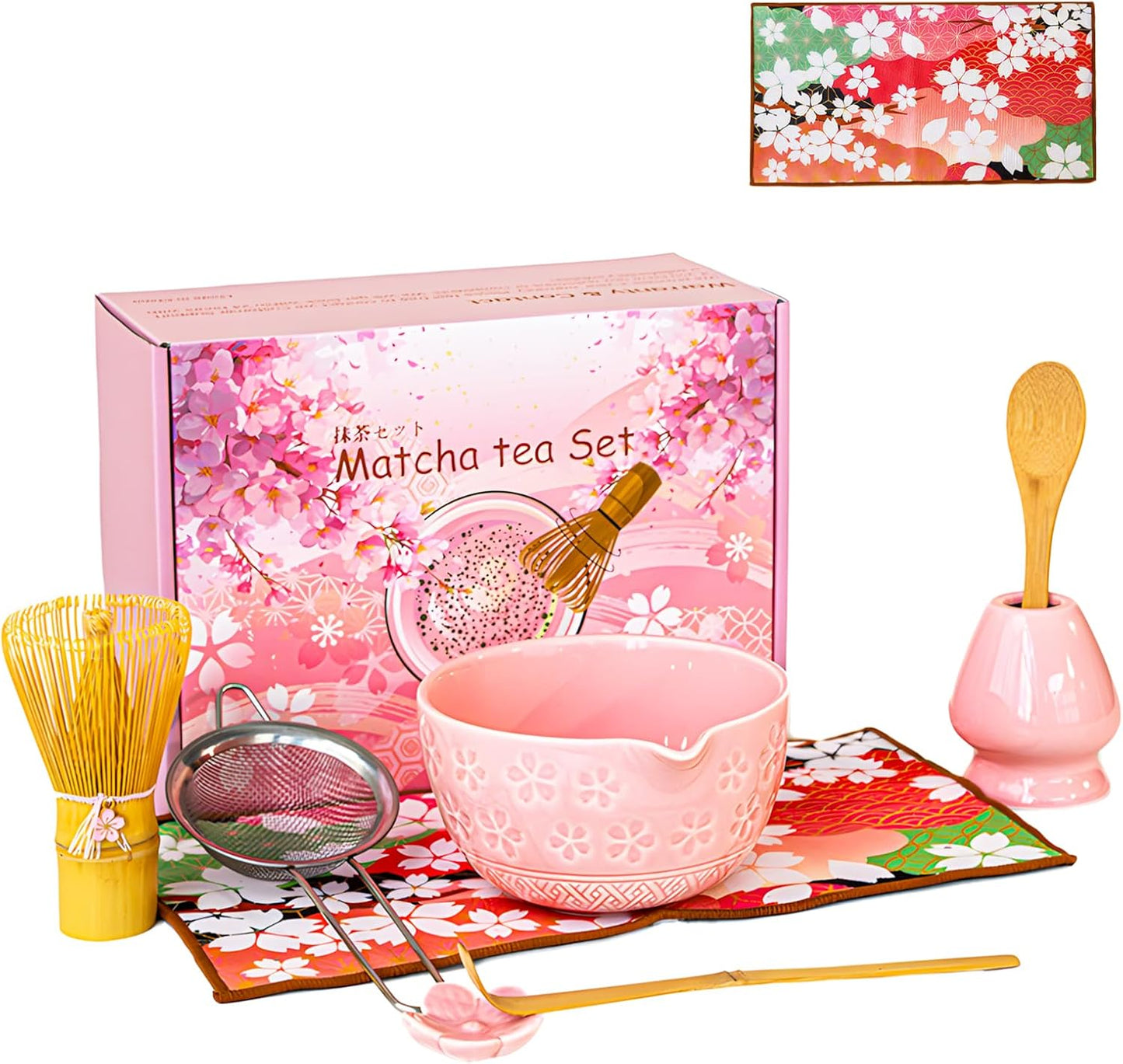 8 Pcs Matcha Whisk Set: Pink Matcha Tea Set Includes Ceramic Bowl, Whisk and Holder, Bamboo Scoop, Scoop Rest, Sifter and Tea Towel - Matcha Making Kit for Matcha Lovers