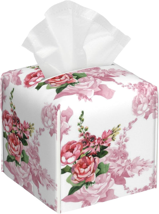Vintage Roses Leather Tissue Holder,Pink Flowers Square Tissue Box Cover,Modern Decorative Facial Tissue Cube Paper Cover for Car Bedroom Nightstand Vanity Desk Office Table Top,5.2" x 5.2" x 5.2"