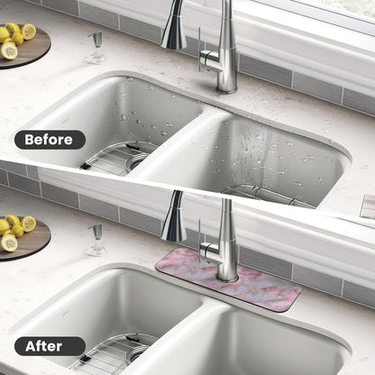 Light Pink Marble With Gold Faucet Mat Splash Guard, Absorbent Quick-Dry Kitchen Sink Mat,Ideal For Splash Guard Drip Catching