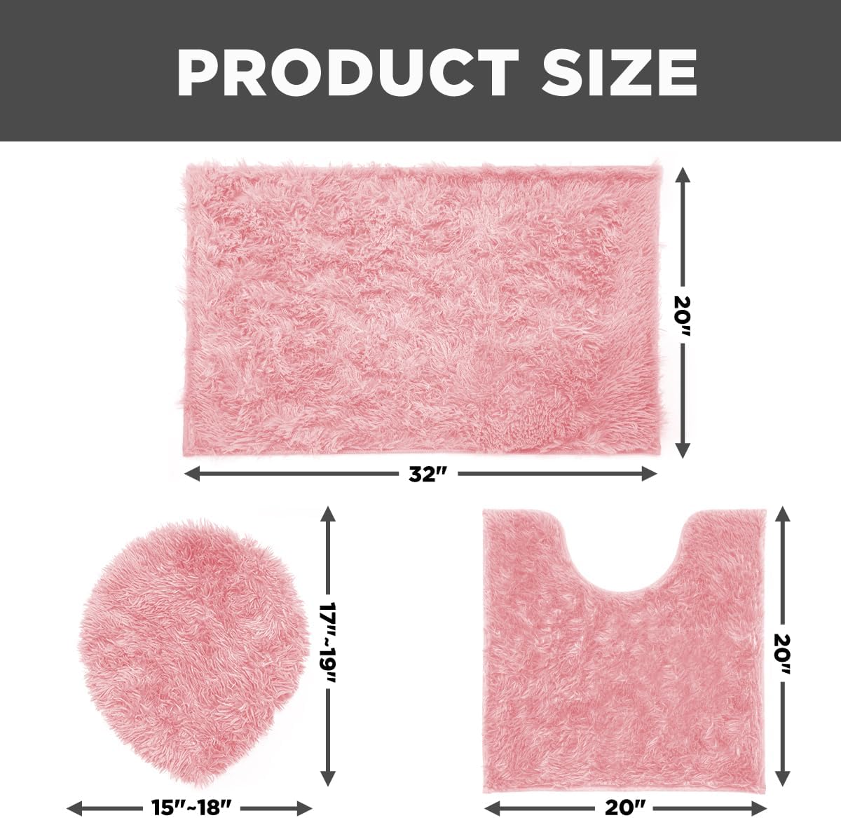 Shaggy Bathroom Rugs Sets 3Piece Bath Mat for Bathrom Non-Slip Bathrom Mats Water Absorbent Bath Rug Floor Mats Soft Washable Shower Rug with U-Shaped Contour Rug Toilet Lid Cover Light Pink
