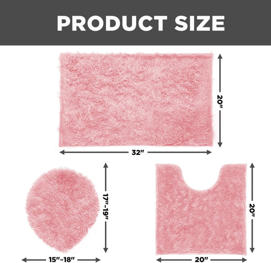 Shaggy Bathroom Rugs Sets 3Piece Bath Mat for Bathrom Non-Slip Bathrom Mats Water Absorbent Bath Rug Floor Mats Soft Washable Shower Rug with U-Shaped Contour Rug Toilet Lid Cover Light Pink