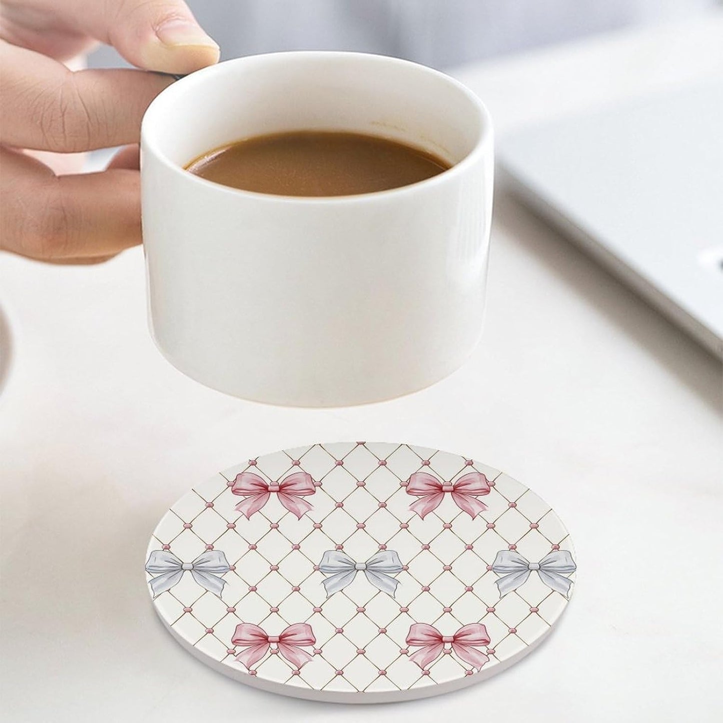 Pastel Pink and Light Blue Ribbon Bows Trellis Ceramic Coasters Set of 4 with Cork Back Absorbent Drink Coasters