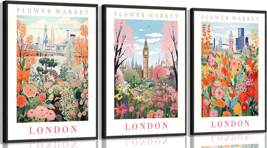 Flower Market Wall Art Colorful Floral Painting picture Wall Decor Pink Floral Travel Poster Print Artwork for Kitchen Bathroom Living Room Bedroom Home Decoration 12x16in Unframed Set of 3