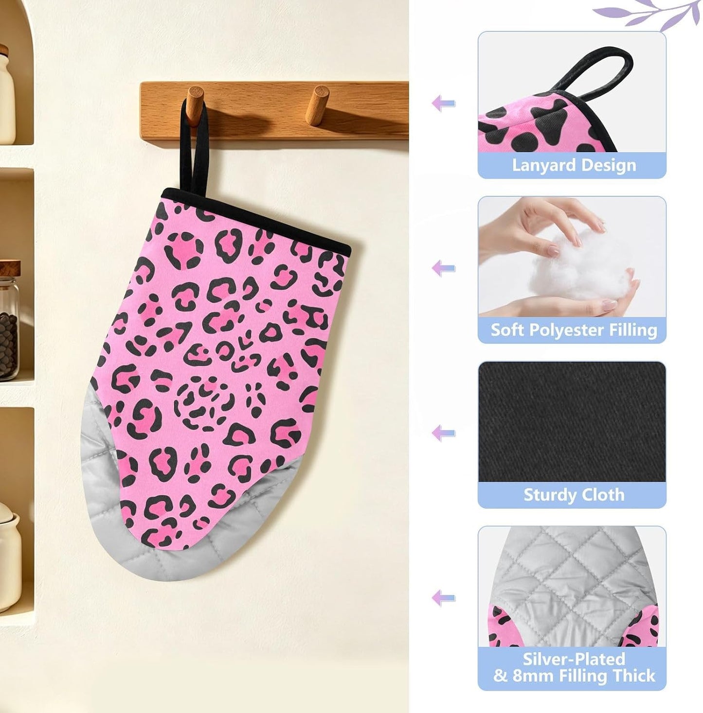 Oven Mitt 2 Pack Set Bright Pink Leopard Print Kitchen Mitts Gloves for for Cooking Baking Grilling