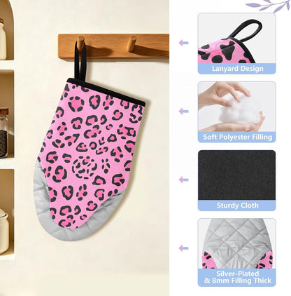 Oven Mitt 2 Pack Set Bright Pink Leopard Print Kitchen Mitts Gloves for for Cooking Baking Grilling