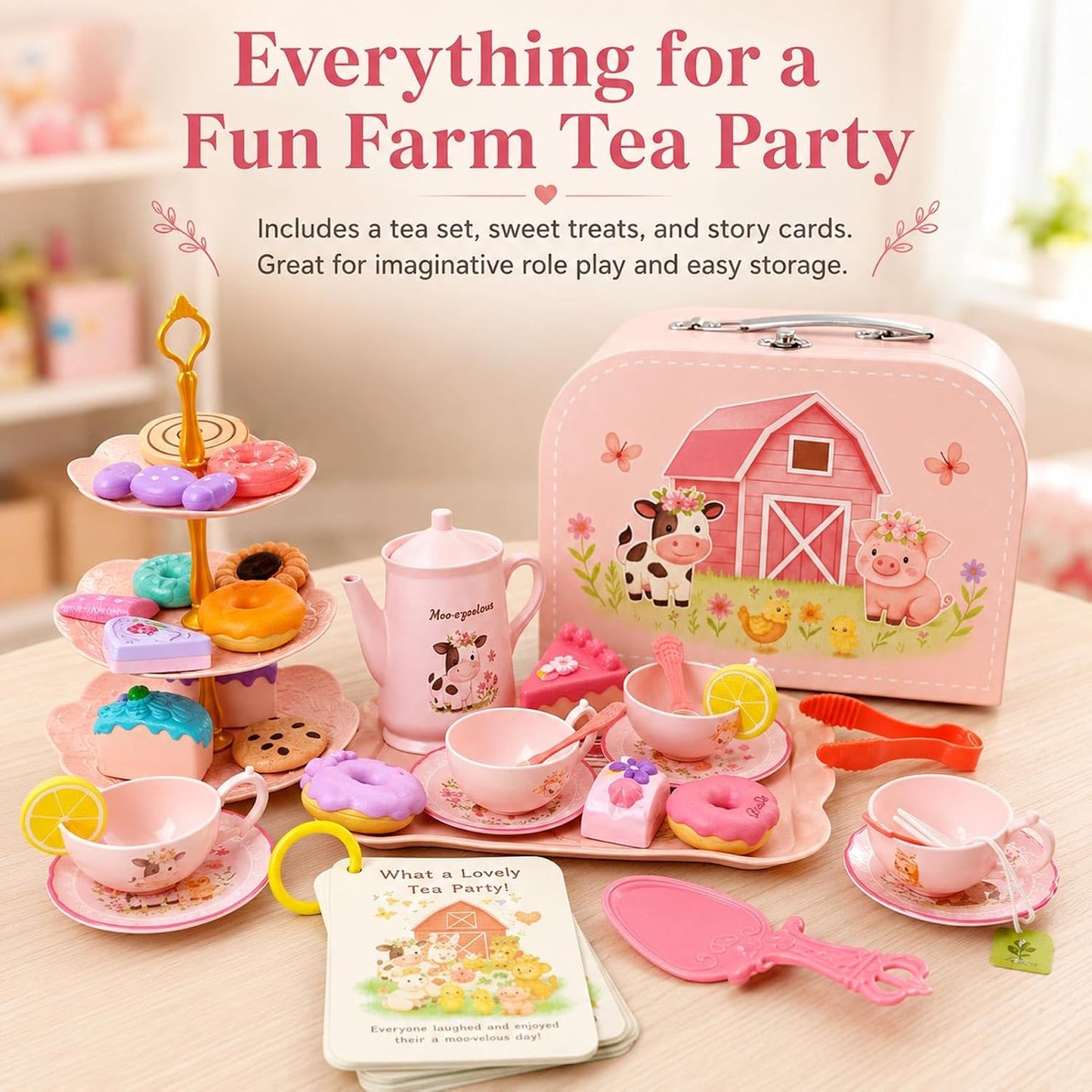 Lajeje Pink Barn Tea Party Set for Little Girls, 47PCS Farm Animal Pretend Play Tea Time Kit, Tea Sets for Toddlers 3-5 with Teapot & Story Cards, Carry Case Girls Birthday Gift, Easter Basket Stuffer