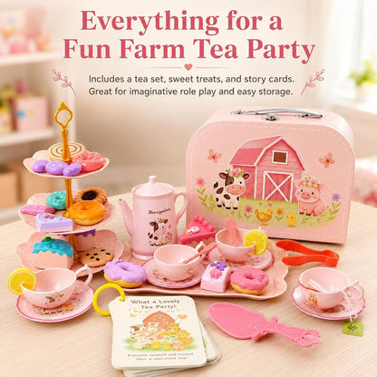 Lajeje Pink Barn Tea Party Set for Little Girls, 47PCS Farm Animal Pretend Play Tea Time Kit, Tea Sets for Toddlers 3-5 with Teapot & Story Cards, Carry Case Girls Birthday Gift, Easter Basket Stuffer