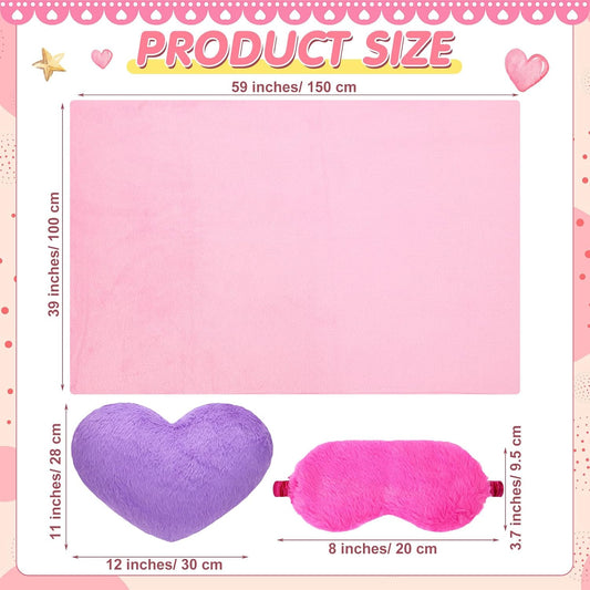 Fanfanwin 18 Pcs Kids Sleepover Party Supplies Set for Girls Fleece Soft Blankets Fluffy Heart Throw Pillow Plush Sleep Eye Mask for Spa Camping Birthday Favors(Light Pink,Light Purple,Rose Pink)