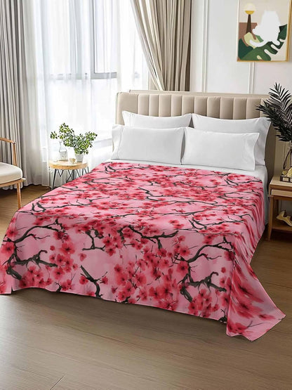 Chinese Flowers Full Size Flat Sheet Only, Hotel Luxury Microfiber Bed Top Sheets, Spring Pink Peach Blossoms Floral Soft Breathable Bedding Sheet for Bedroom, Easy Care - 81" x 96"