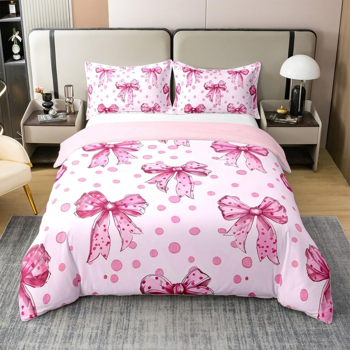 Erosebridal Pink Princess Bow 100% Cotton Duvet Cover Twin Cute Coquette Bowknot Bedding Set for Kids Girls Adults Kawaii Ribbon Bow Comforter Cover Pink Watercolor Polka Dot Bed Set 2 Pcs