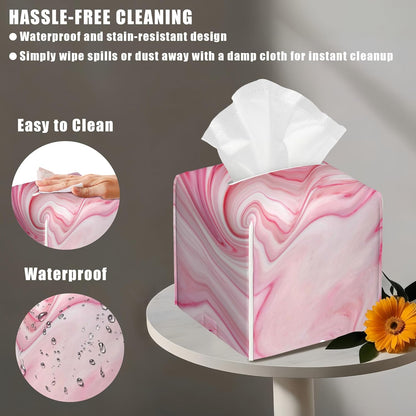 Pink Liquid Marble Tissue Box Cover Square, Tissue Box Holder with Bottom Belt Leather Facial Paper Organizer Dispenser for Bathroom Bedroom Dresser Night Stand Tabletop