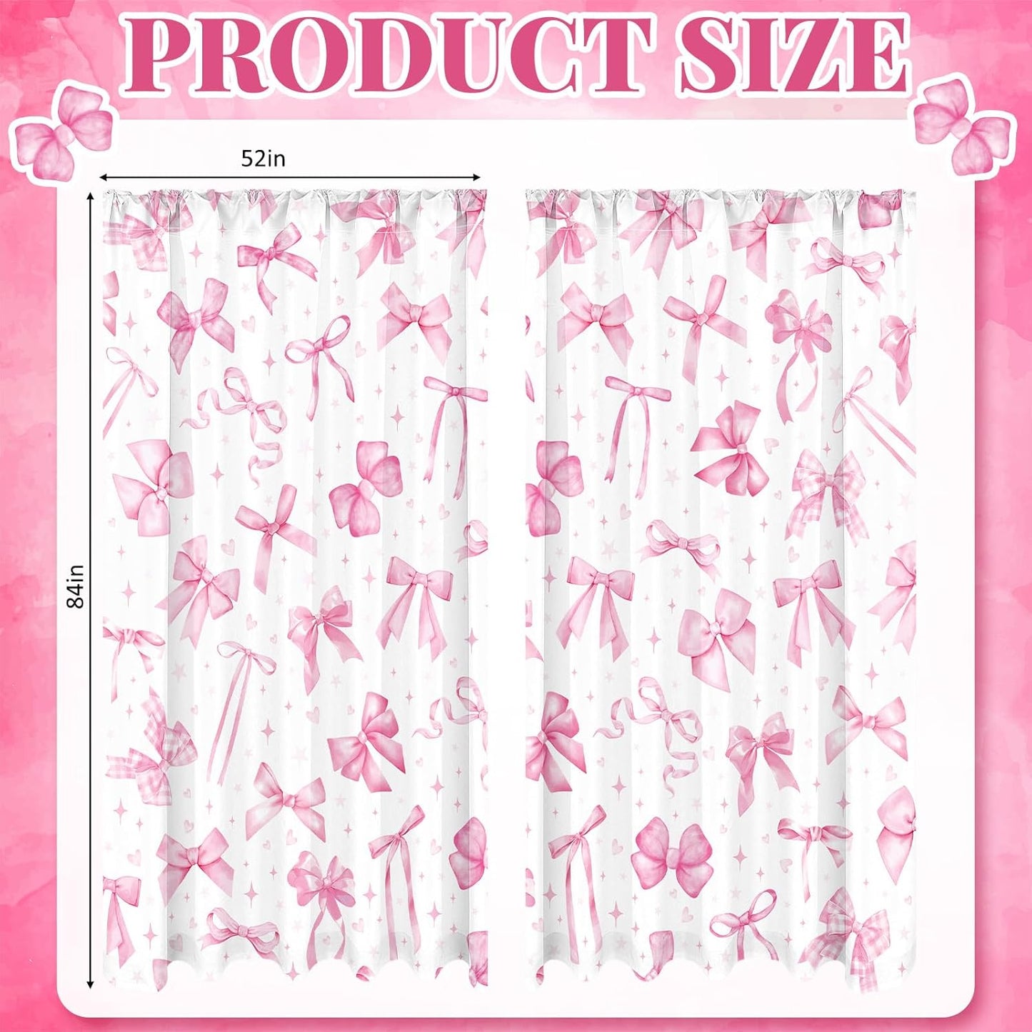 SmoothNovelty 2 Pcs Pink Bow Curtains for Living Room Pink Bow Curtains 52 x 84 Inches Cute Coquette Girls Window Drapes Wedding Bedroom Party Decor