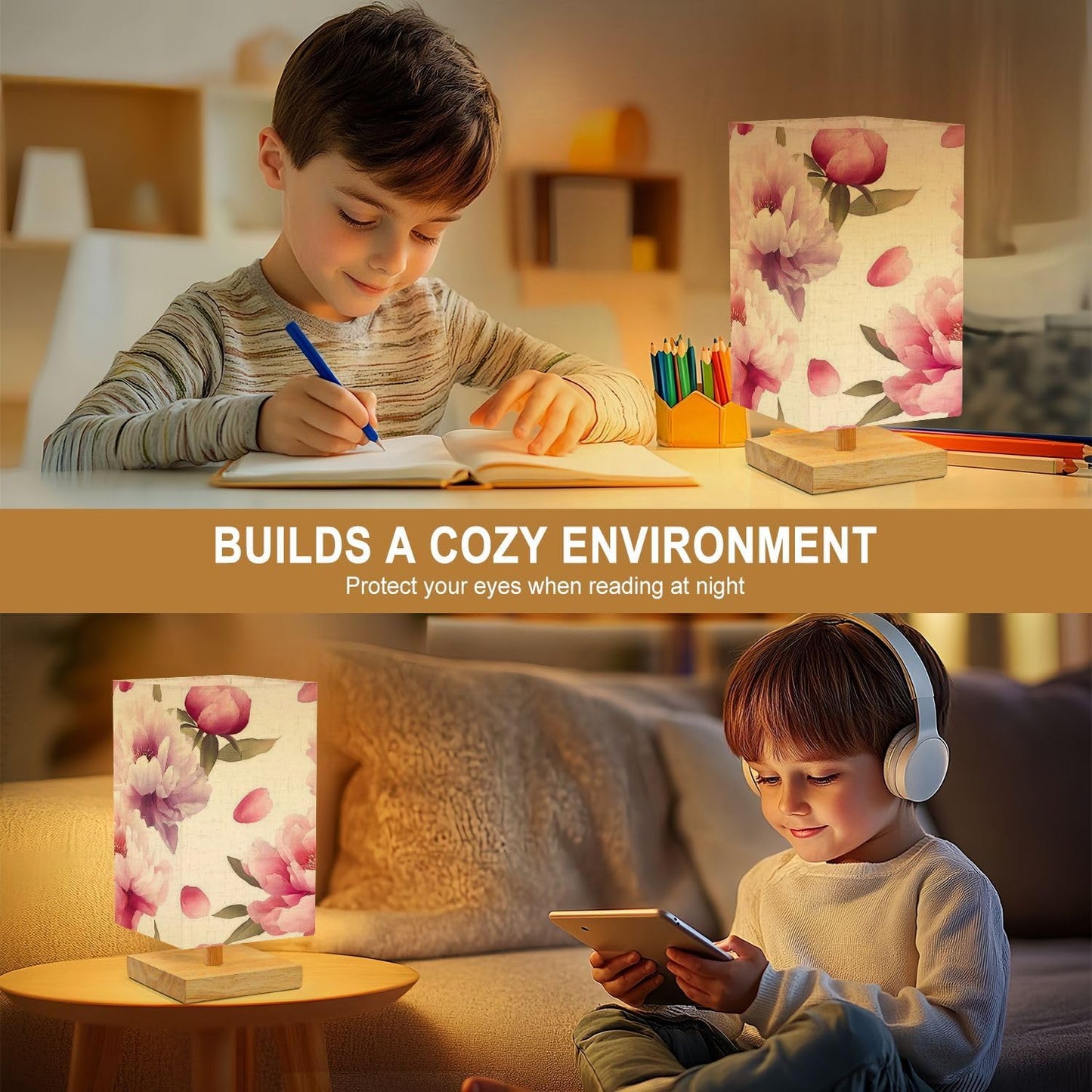 Square Table Lamp for Bedroom Soft Pastel Peony Floral Light Pink Purple Flowers Beside Lamps Desk lamp with Wood Base Nightstand Lamps for Nursery Living Room Home Decor