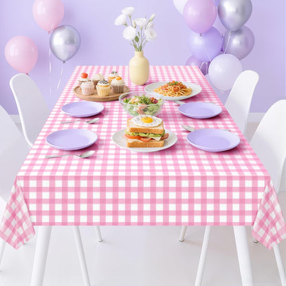2 Pack Pink Striped Gingham Tablecloths, 54 x 108 Inch Disposable Plastic Rectangle Table Covers, Waterproof Pink and White Checkered Pink Table Cloths for Picnic, Birthday, Party, Outdoor Events
