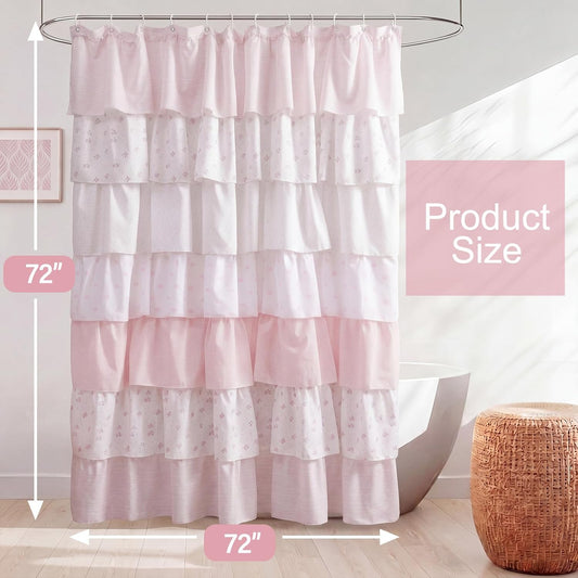 Frienda Pink and White Ruffle Shower Curtain 72 x 72'', Cotton Floral Farmhouse Shower Curtain with Tiered Ruffles, Vintage Cottagecore Bathroom Decor for Girls Bathroom, College Dorm(Without Hooks)