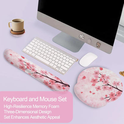 Cherry Blossom Pink Flower Mouse Pad with Wrist Rest Set, 3-in-1 Wrist Support Mousepad Set, Gaming Mat Pad with Anti-Skid Base,Ergonomic Memory Foam Mouse Pad Set for Women, Office, Typing, Gaming