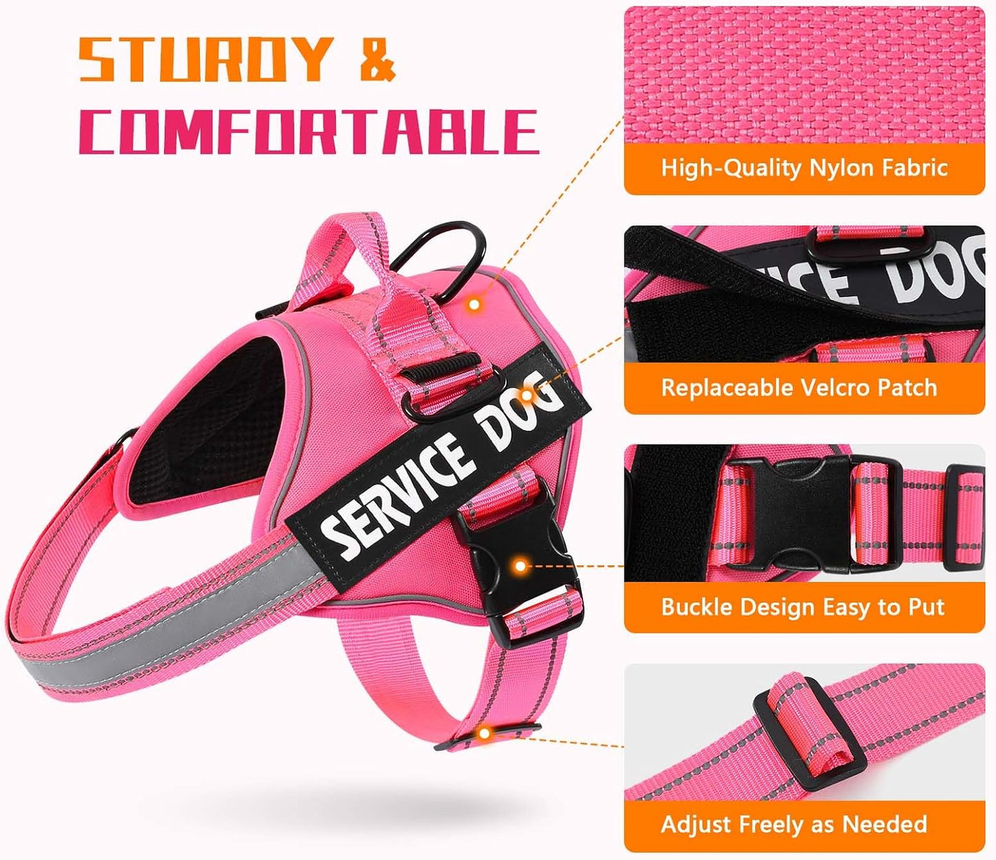 MUMUPET Service Dog Harness, No Pull Reflective Adjustable with Handle, Soft Breathable Padding for Small Dogs, 2 Removable Velcro Patches (Hot Pink, S)