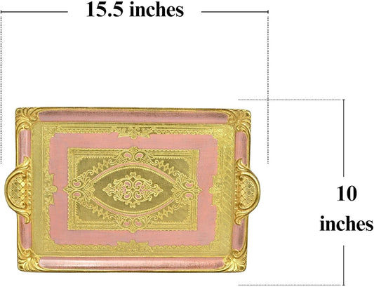 Vintage Florentine Wood Vanity Tray with Handles, 15.5" x 10", Gold Tray for Vintage Home Decor, Shabby Chic Decor, Perfume Platter, Gifts for Women, Made in Italy (Pink, Medium)