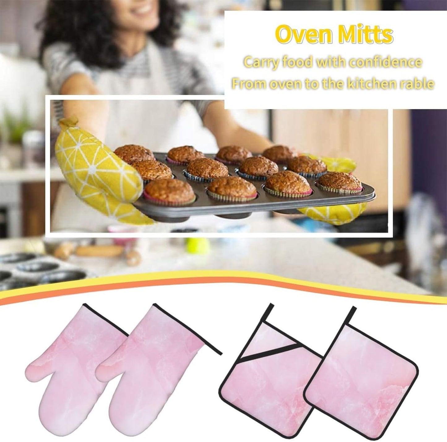 Oven Mitts and Pot Holders Set Marble Light Pink Abstract Heat Resistant Kitchen Gloves 2 Oven Mitts and 2 Pot Holders for Cooking Baking BBQ