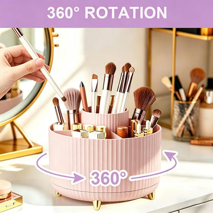 360 Rotating Makeup Brush Holder Organizer, 5-Slot Spinning Cosmetics Cup for Makeup Brushes, Nail Polish & Art Supply, Bathroom Vanity Desktop Organizer, Pink