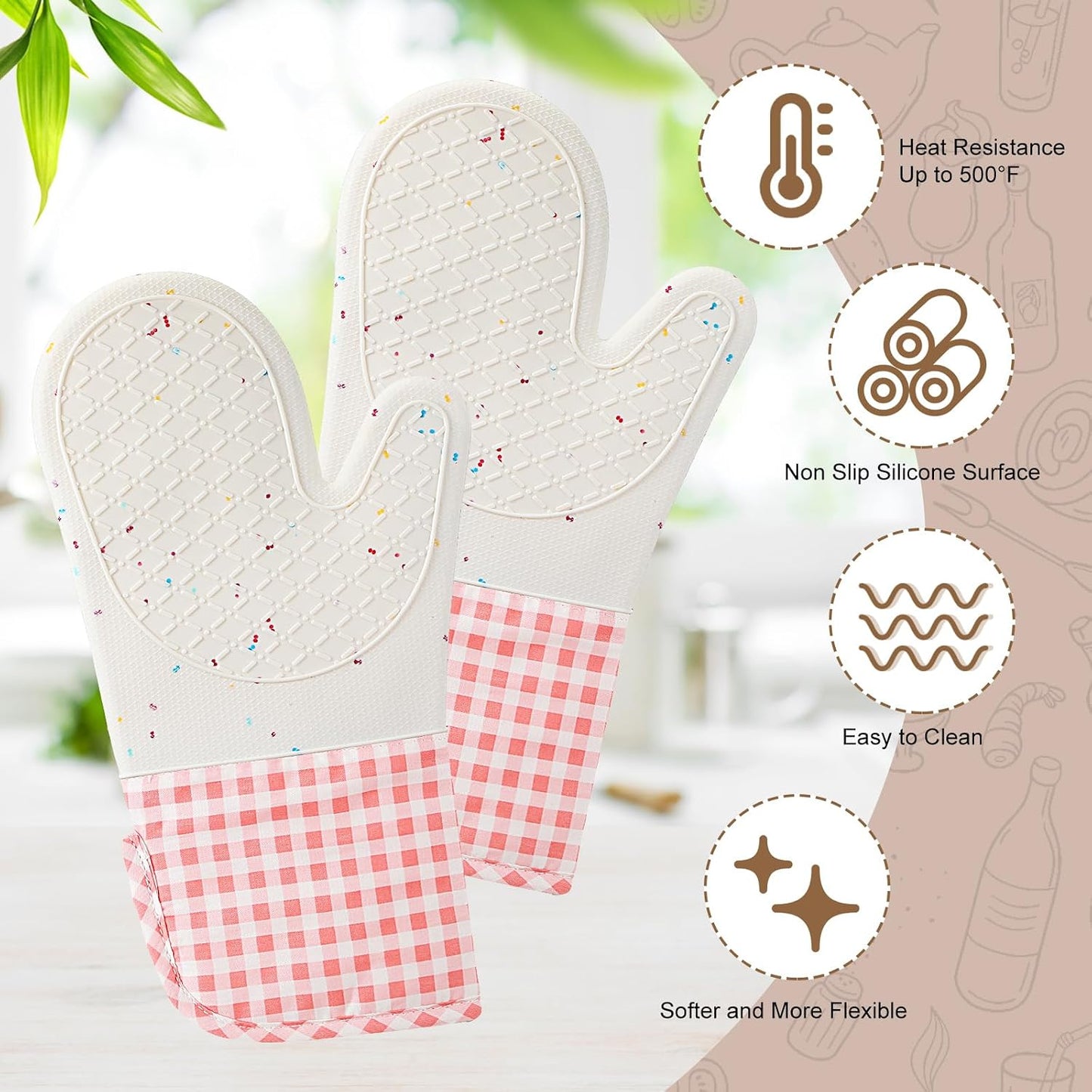 Qinyoung Silicone Mitts Oven Long Cooking Mittens with 2 Cotton Potholders Washable Cute Oven Glove with Soft Cotton Lining Heat Resistant 500°f Potholders for Gift(Pink,Checkered)