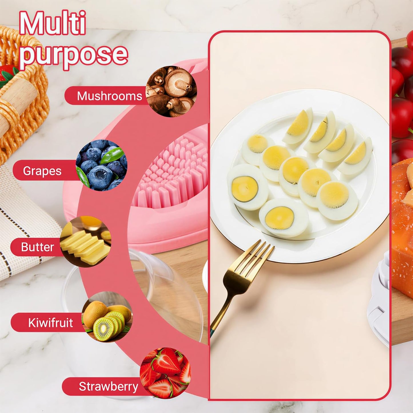 3 Slice Modes Egg Slicer for Hard Boiled Eggs, Stainless Steel Egg Cutter, 3-in-1 Kitchen Chopper Tool, Pink