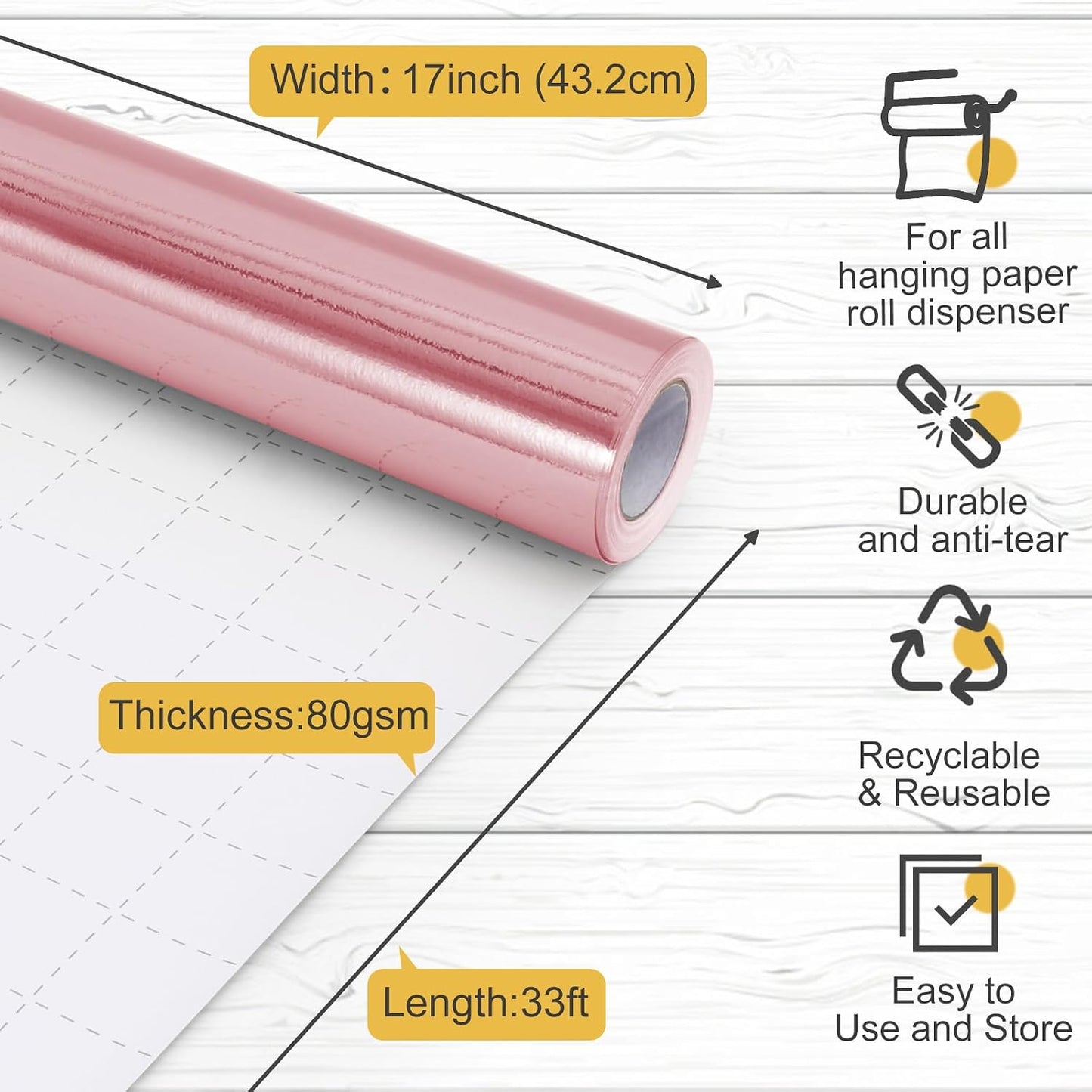 Pink Metallic Wrapping Paper, 17inch x 33ft Solid Color Lustre Paper, Pink Gift Bouquet Wrapping Paper with Grid Cutting Lines for Wedding, Baby Shower, Birthday, Bridal Shower, Christmas,Mother's Day