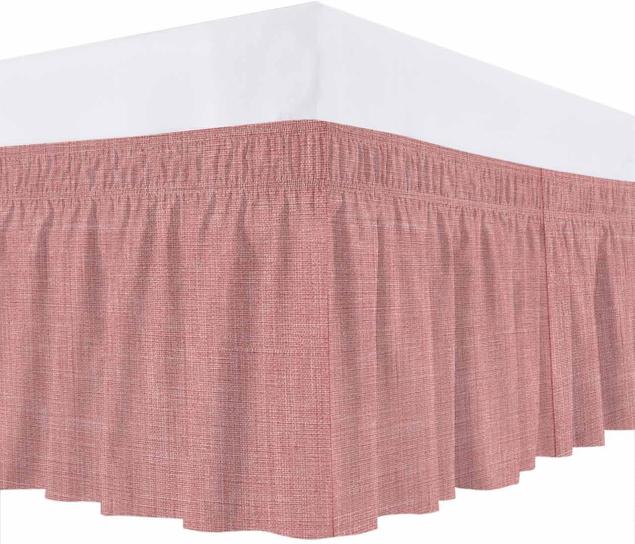 Bed Skirt Peach Pink Linen Bedskirt 16 Inch Drop Farmhouse Pure Color Adjustable Elastic Wrap Around Bed Skirts Dust Ruffle for Queen Size Bed Frame Cover