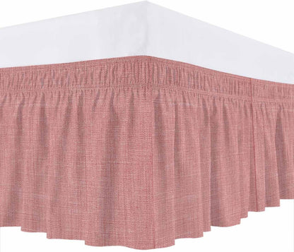 Bed Skirt Peach Pink Linen Bedskirt 16 Inch Drop Farmhouse Pure Color Adjustable Elastic Wrap Around Bed Skirts Dust Ruffle for Queen Size Bed Frame Cover