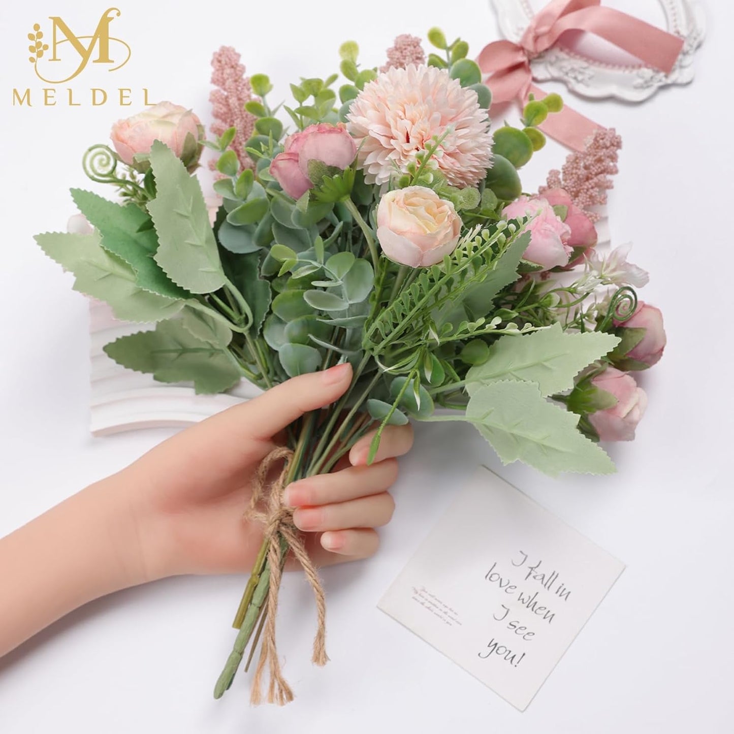 3Pcs Rose Bouquet Pink Artificial Flowers Eucalyptus Plants Fake Silk Flower Arrangements Wedding Bouquets Decorations Plastic Floral Table Centerpieces for Home Kitchen Garden Party Decor