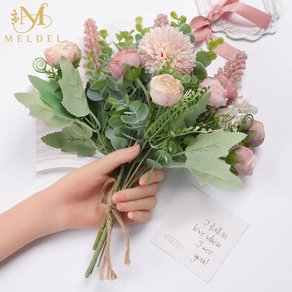 3Pcs Rose Bouquet Pink Artificial Flowers Eucalyptus Plants Fake Silk Flower Arrangements Wedding Bouquets Decorations Plastic Floral Table Centerpieces for Home Kitchen Garden Party Decor