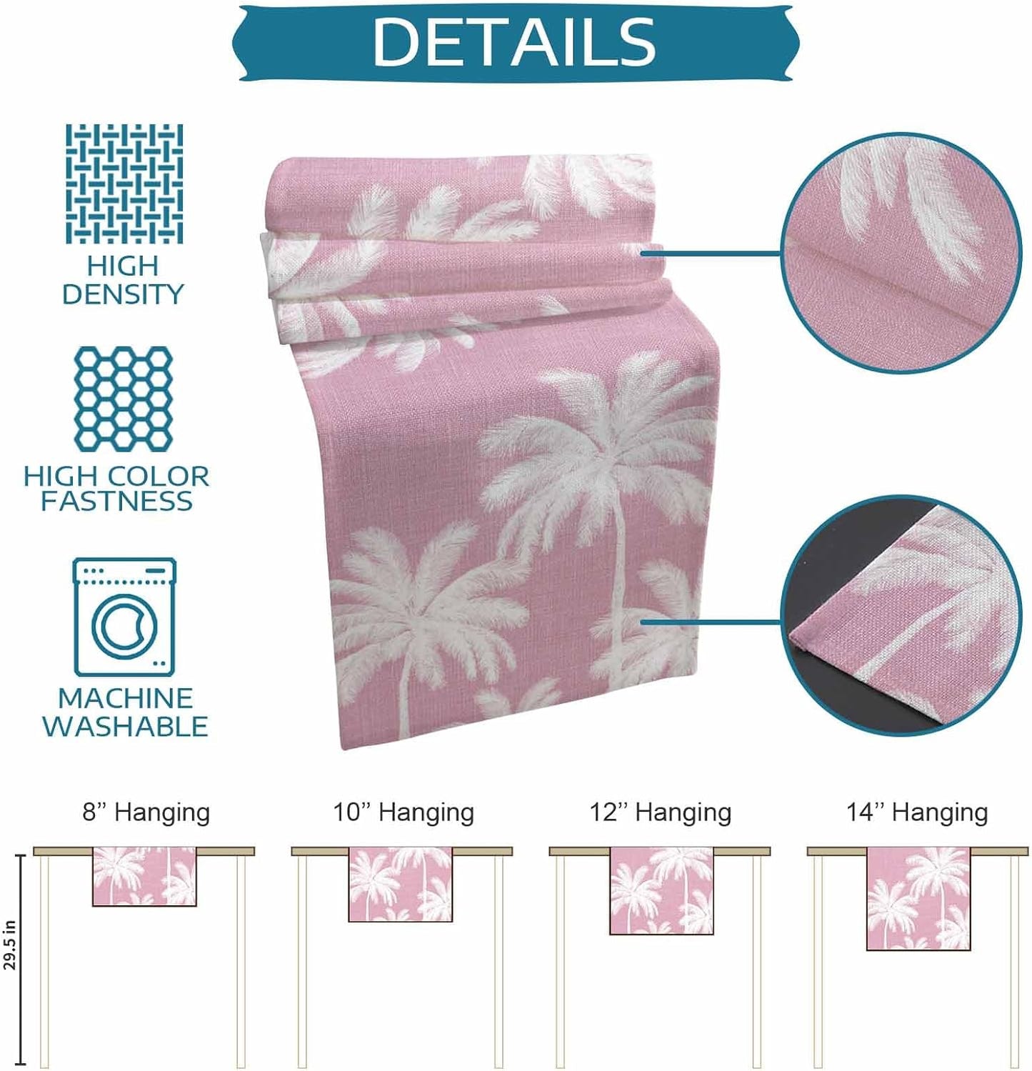 Peach Pink Palm Tree Table Runner 90 Inches, Summer Botancial Tropical Farmhouse Bed Runner Dresser Scarves Tabletop for Indoor Outdoor Parties/Ceremony/Banquet, 13 x 90