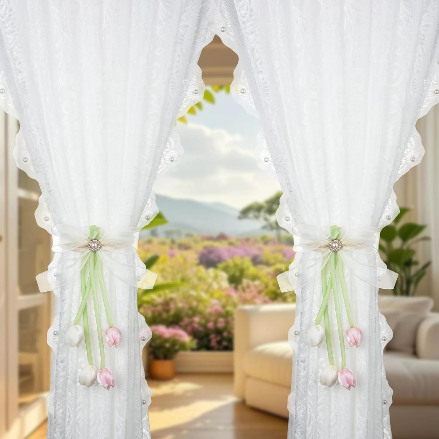 SUQ I OME 1 Pair of 100% Handmade Tulip Flower Curtain Tiebacks with Bowknot,Curtain Ties,Curtain Holdbacks,Pink