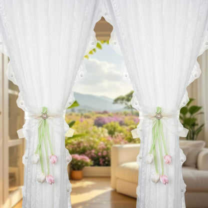 SUQ I OME 1 Pair of 100% Handmade Tulip Flower Curtain Tiebacks with Bowknot,Curtain Ties,Curtain Holdbacks,Pink