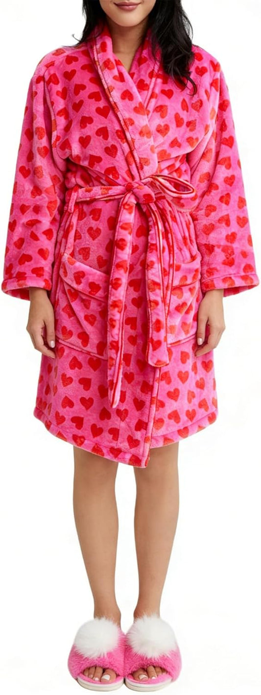 Christmas Fuzzy Fleece Robes for Women Cozy Plush Bathrobe Shawl Collar Warm Winter Short Robes with Belt Pockets