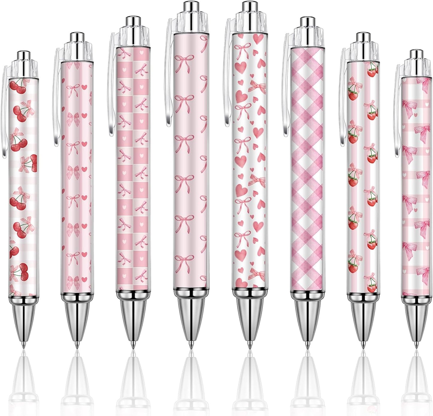 Sayglossy 8 Pcs Pink Cherry Bow Ballpoint Pens Gift Bulk for Pink Bow Party Favors Coquette Aesthetic Pens with Inkretractable 0.5 mm Black Gel Ink for Girls Journaling Office Supplies