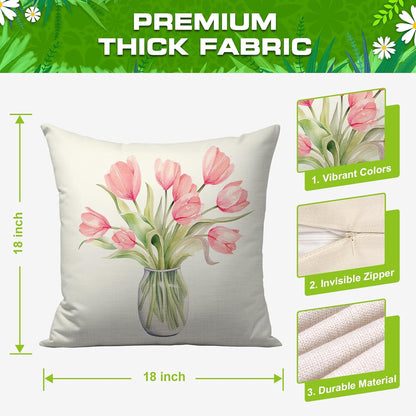 Pillow Covers 18x18 Set of 4 Tulip Home Sweet Home Pink Throw Pillows Decorative Pillow Cases Hello Summer Spring Seasonal Farmhouse Decorations for Sofa Couch